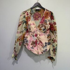 Newport News Floral Sheer Blouse Top Long Sleeve Button Down Size 12 Cottagecore